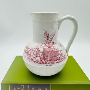 Unmarked Ironstone Red Transferware Chinoiserie Pitcher White Ceramic 7 inch
